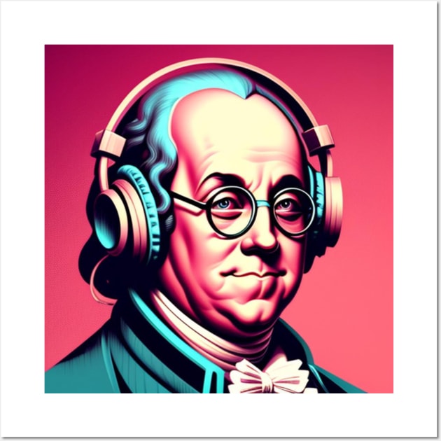 Pink Benjamin Franklin Wearing Headphones Wall Art by musicgeniusart